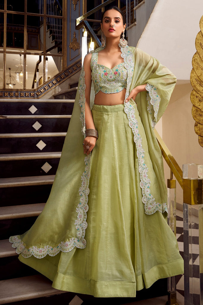 Fabulous Pastel Green Organza Designer Lehenga Choli With Dupatta