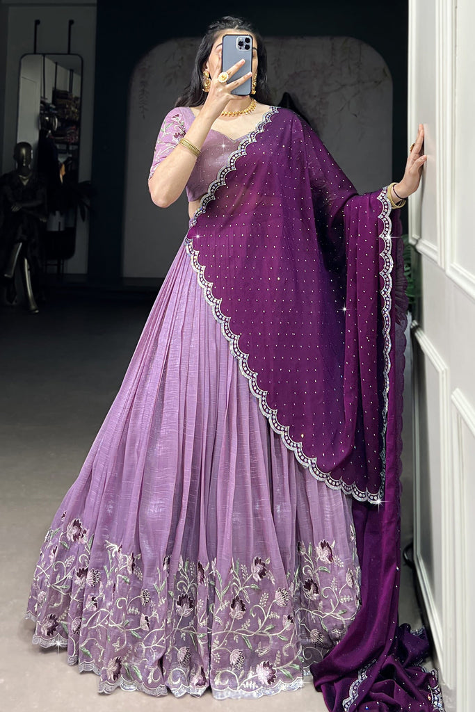 Magnetic Lavender Thread Work Organza Wedding Lehenga Choli With Dupatta