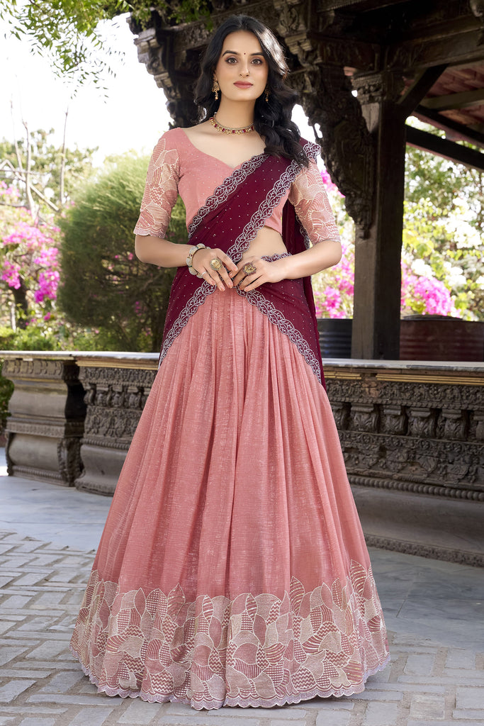 Striking Peach Hotfix Embroidered Organza Function Wear Lehenga Choli