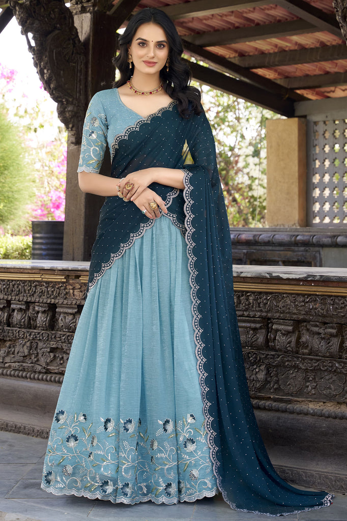 Memorable Sky-Blue Hotfix Embroidered Organza Festival Wear Lehenga Choli