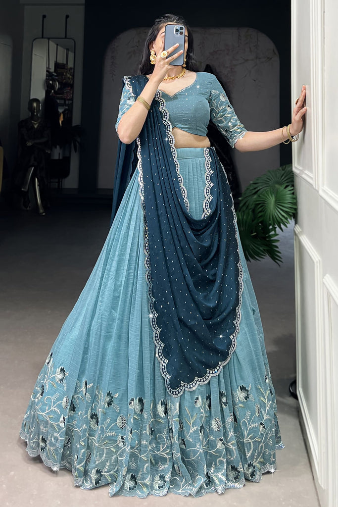 Alluring Sky-Blue Thread Work Organza Festival Wear Lehenga Choli