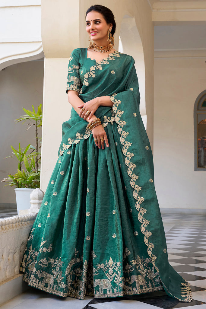 Surprising Teal Green Thread Embroidery Festival Wear Lehenga Choli