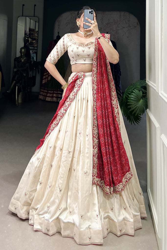 Pretty Off-White Silk Wedding Lehenga Choli With Bandhej Print Dupatta