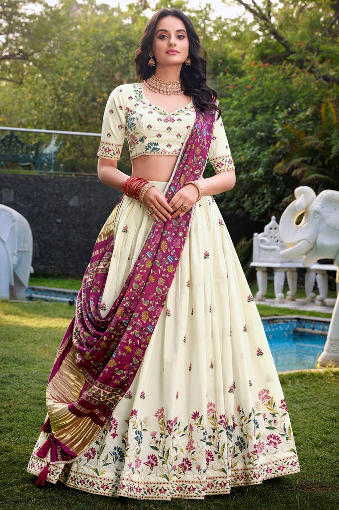 Alluring Cream Thread Embroidered Cotton Festival Wear Lehenga Choli