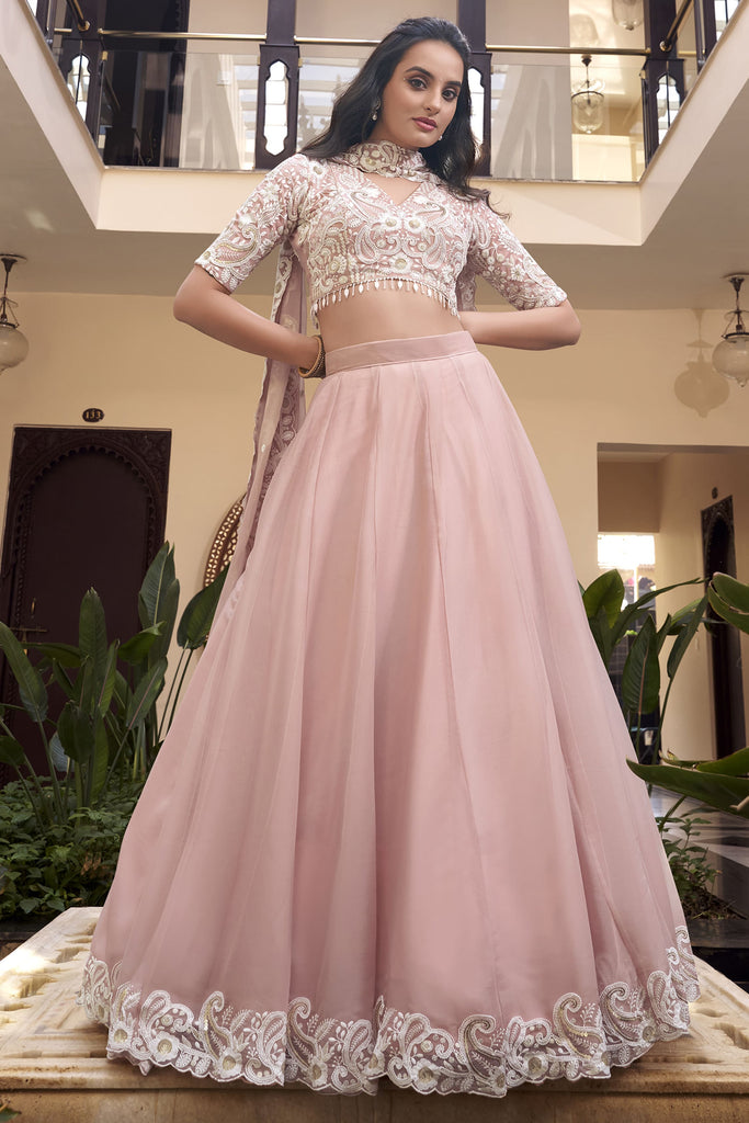 Amazing Baby Pink Thread Embroidered Silk Engagement Lehenga Choli