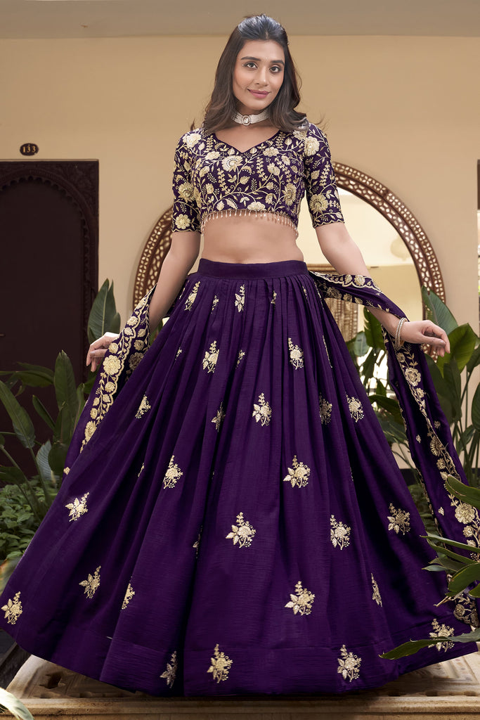 Pretty Purple Embroidered Silk Wedding Wear Lehenga Choli With Dupatta
