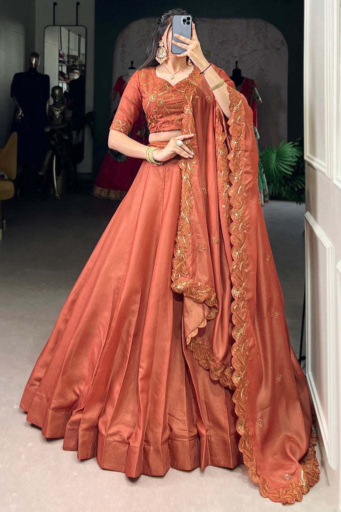 Adorable Orange Thread Embroidered Silk Sangeet Wear Lehenga Choli