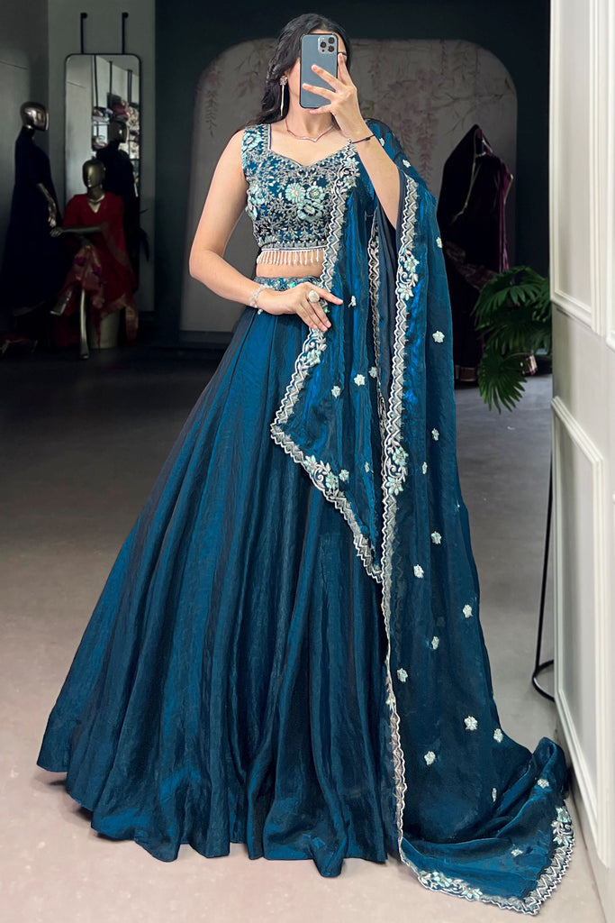 Bewitching Teal Blue Organza Sangeet Wear Lehenga With Thread Work Choli