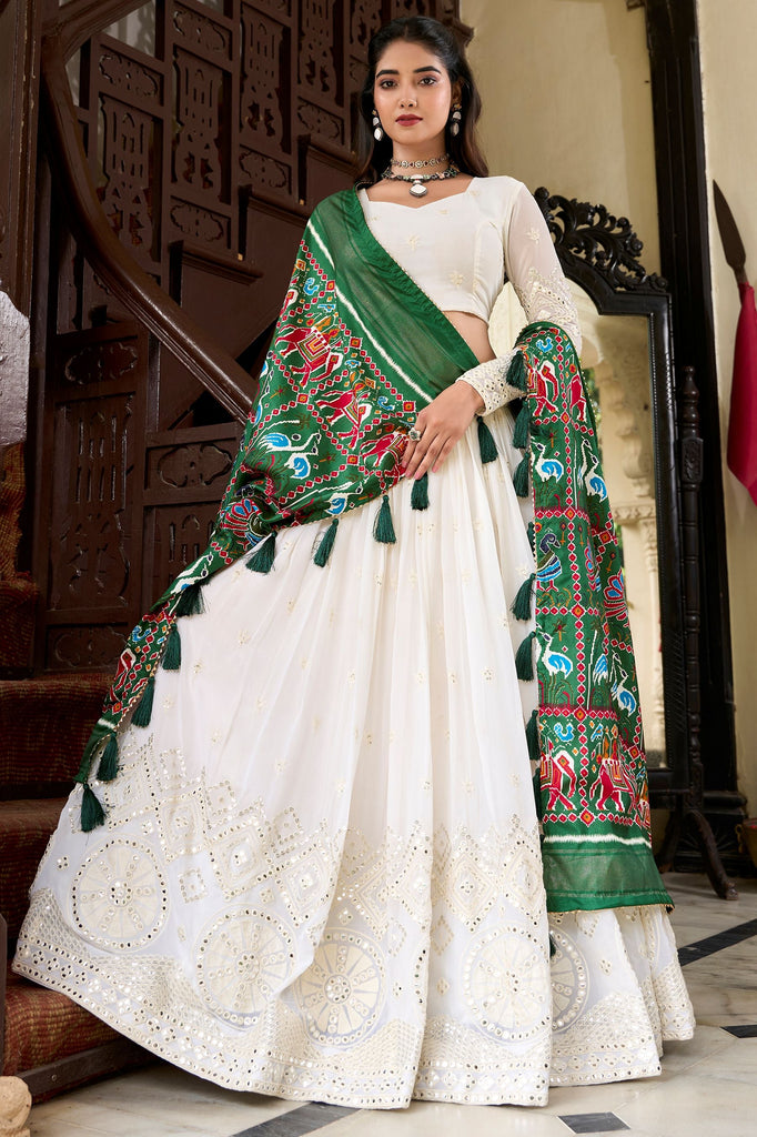 Captivating White Mirror Work Georgette Navratri Lehenga Choli