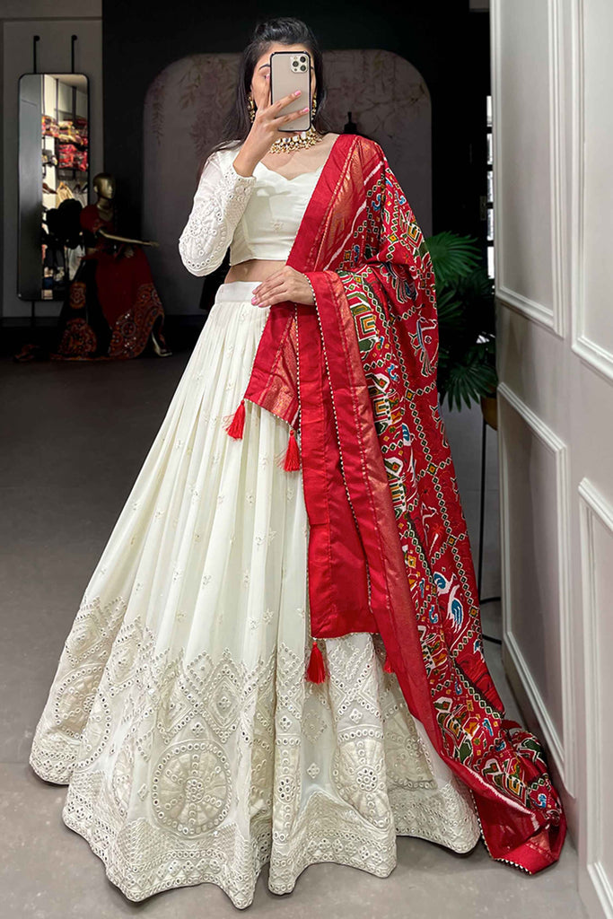 Alluring Red Mirror Work Georgette Wedding Wear Lehenga Choli