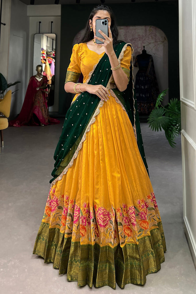 Alluring Mustard Yellow Floral Embroidered Cotton Half Saree Lehenga