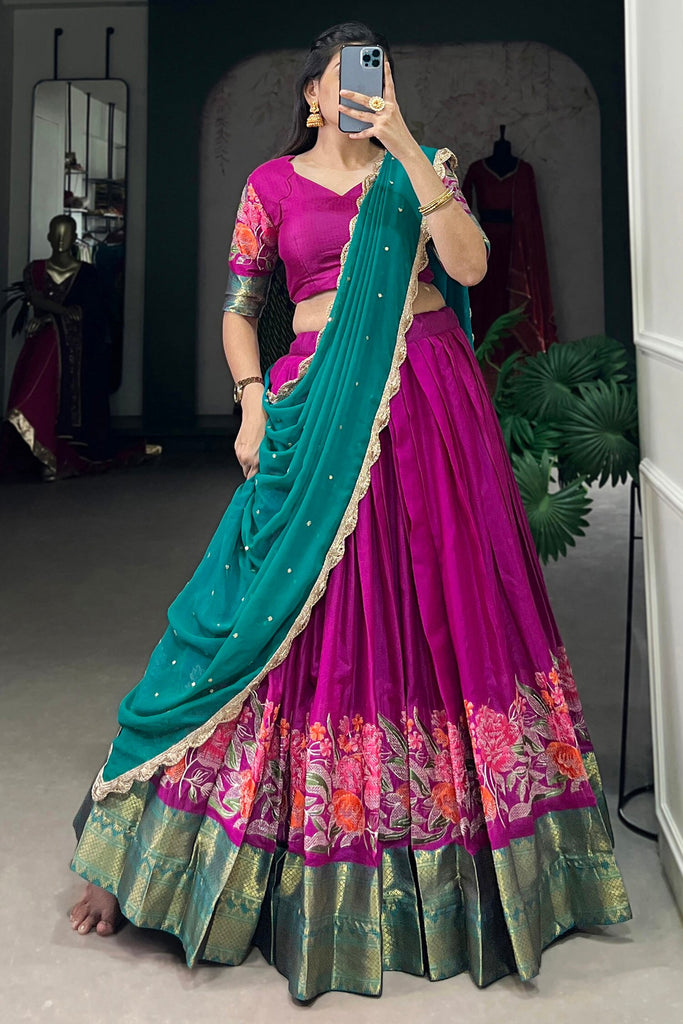 Winsome Rani Pink Embroidered Cotton Event Wear Half Saree Lehenga