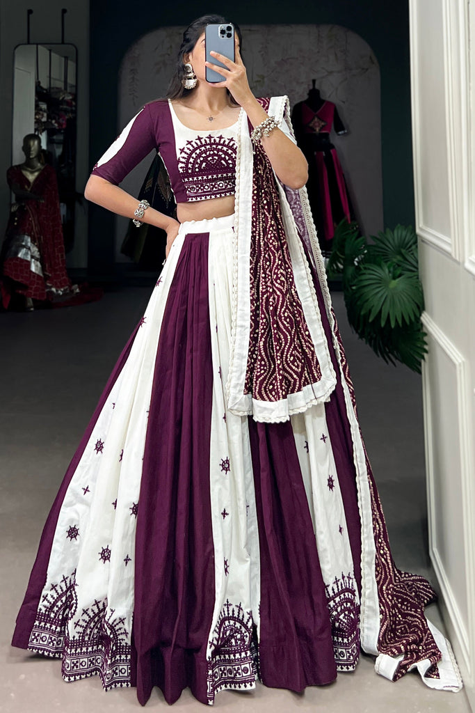 Beautiful White & Wine Gamthi Work Cotton Navratri Lehenga Choli