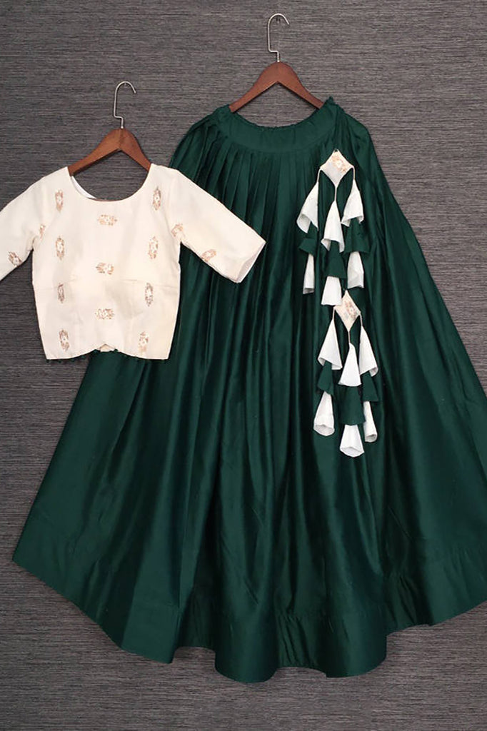 Wonderful Green Cotton Navratri Wear Crop Top Lehenga
