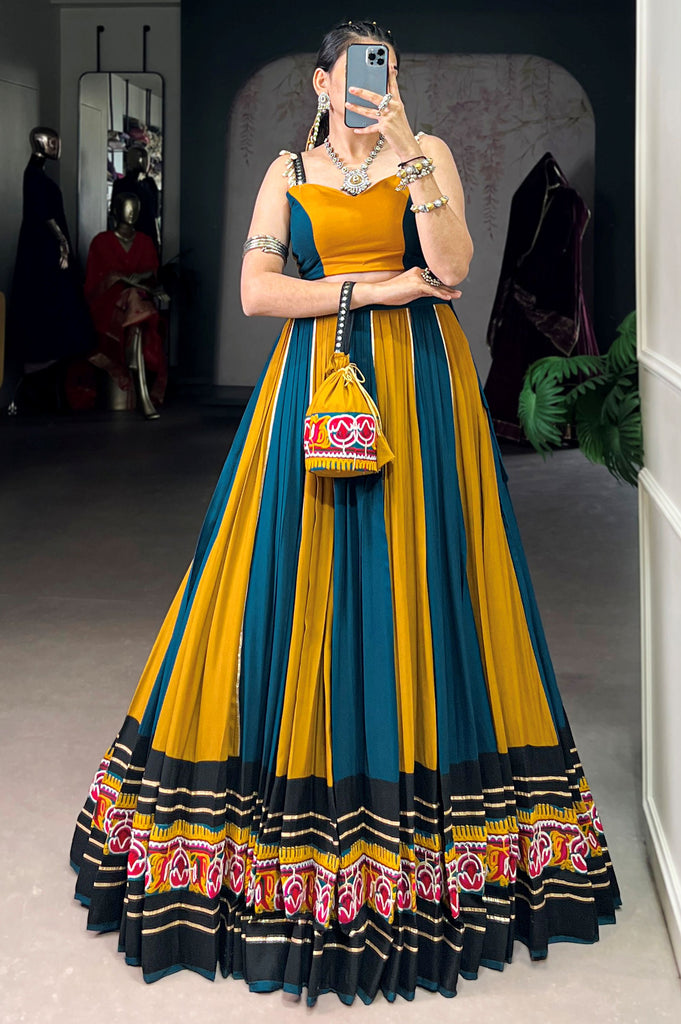 Fascinating Mustard Yellow Rayon Gamthi Work Navratri Lehenga Choli