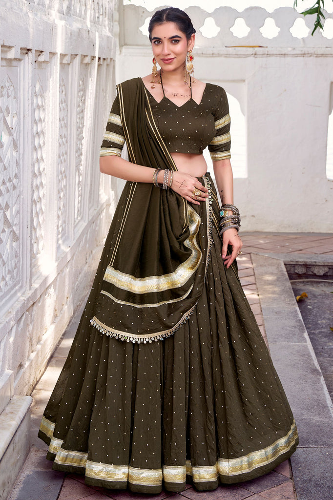 Beautiful Mehendi Green Zari Weaving Chanderi Silk Lehenga Choli With Dupatta