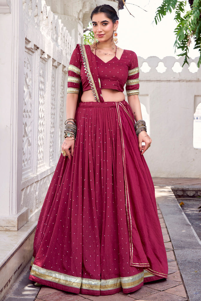 Spectacular Maroon Zari Weaving Chanderi Silk Navratri Lehenga Choli
