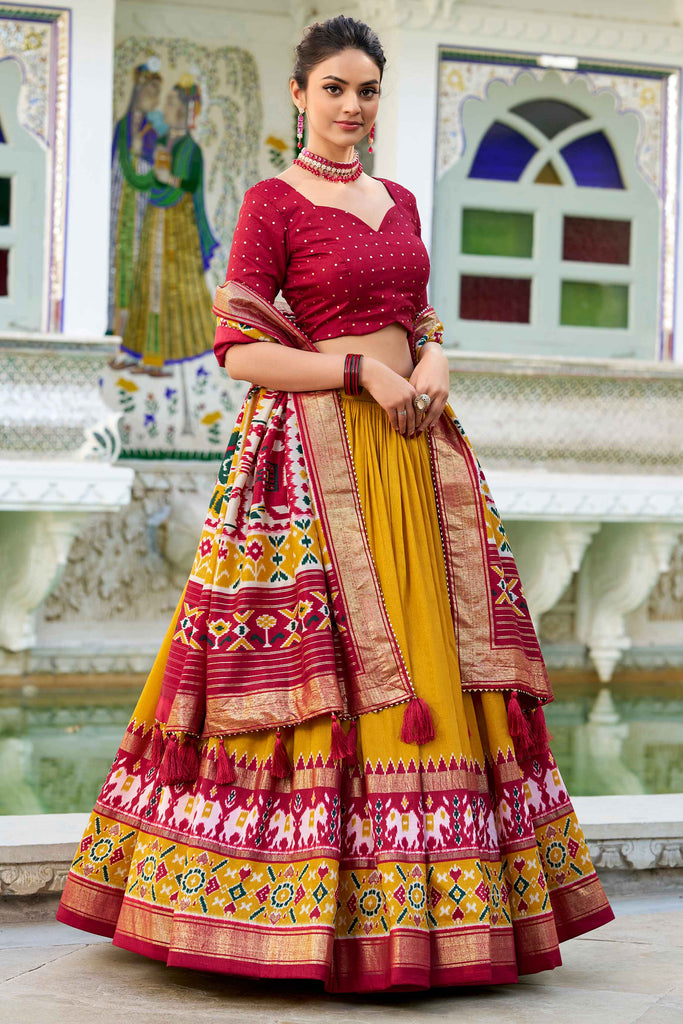 Gorgeous Mustard Yellow Patola Printed Silk Lehenga Choli With Dupatta