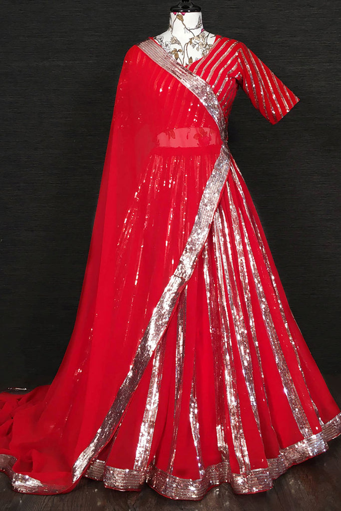 Fabulous Red Sequins Georgette Wedding Lehenga Choli With Dupatta