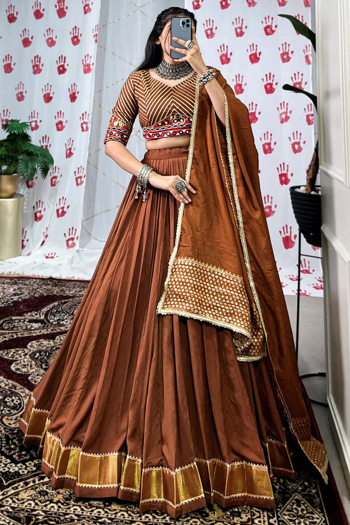 Adorable Brown Chanderi Navratri Special Lehenga Choli With Dupatta