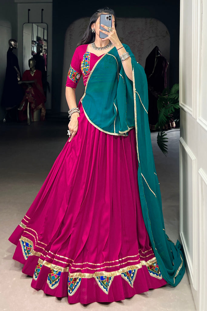 Fabulous Pink Gamthi Work Rayon Navratri Lehenga Choli With Dupatta