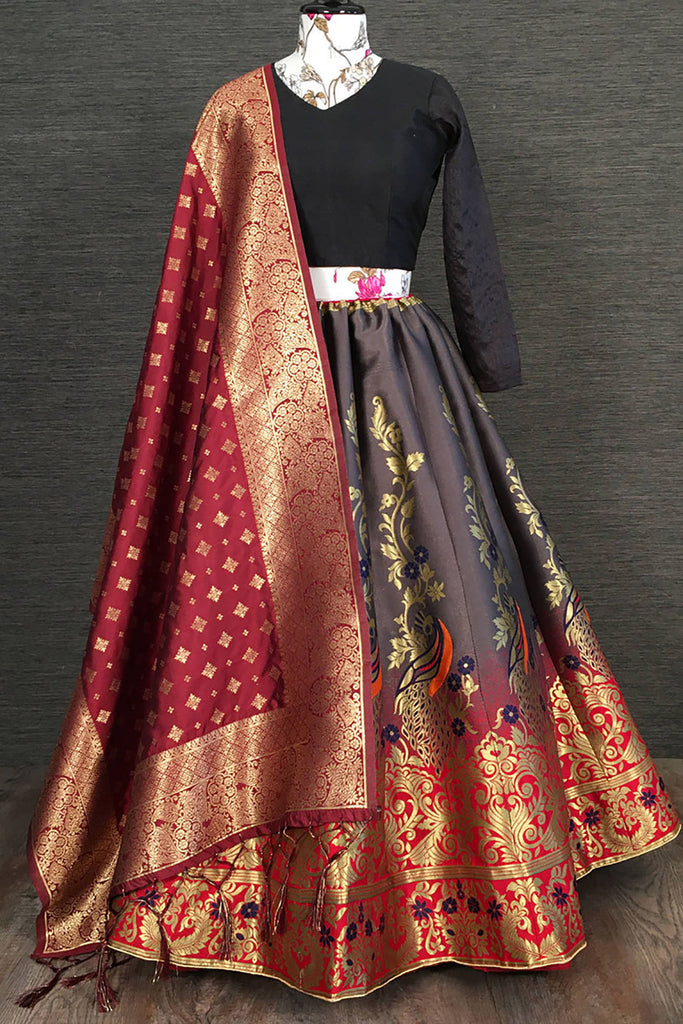 Incredible Grey Zari Weaving Silk Traditional Lehenga Choli With Dupatta