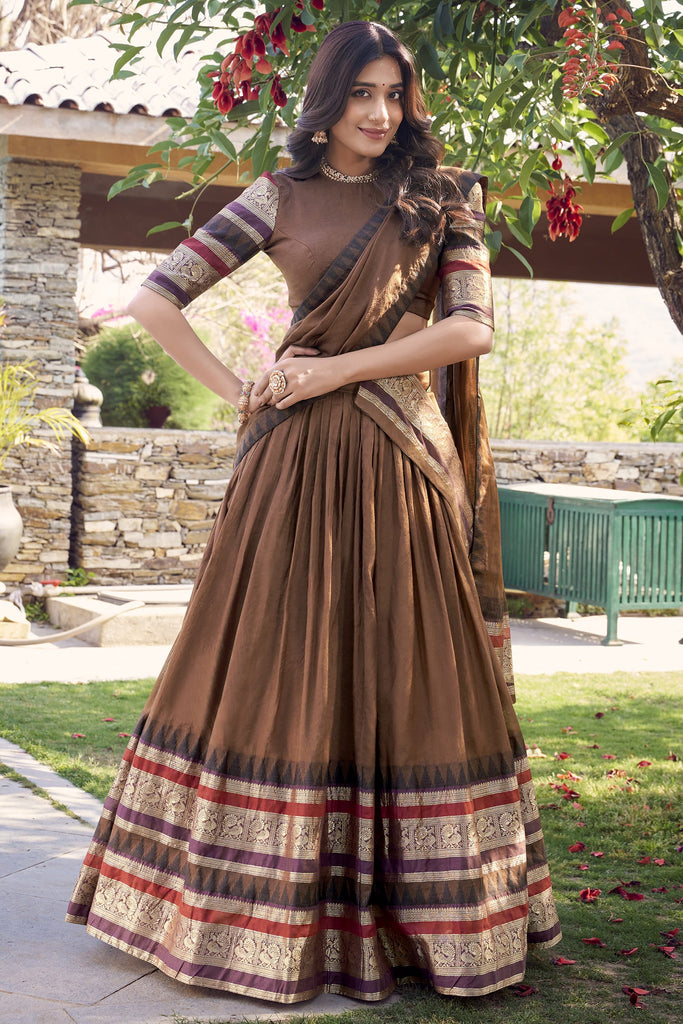 Dazzling Brown Zari Weaving Chanderi Festival Wear Lehenga Choli