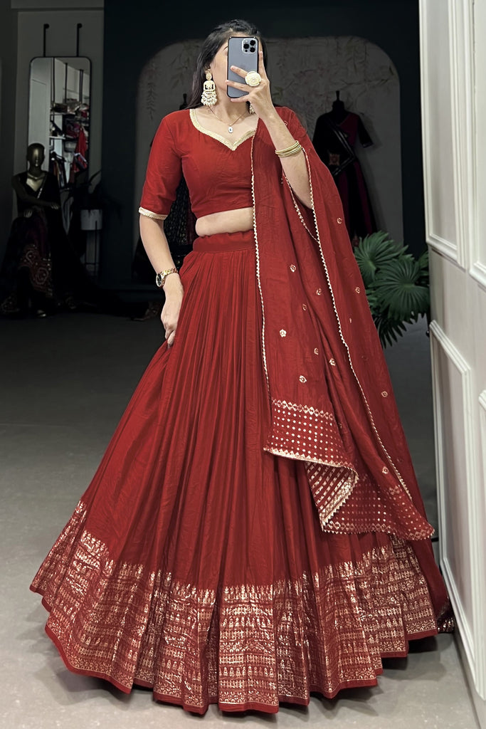 Awesome Red Zari Weaving Silk Event Wear Lehenga Choli With Dupatta