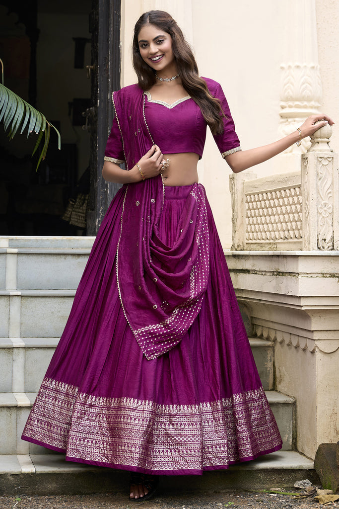 Glorious Wine Zari Weaving Chanderi Silk Event Wear Lehenga Choli