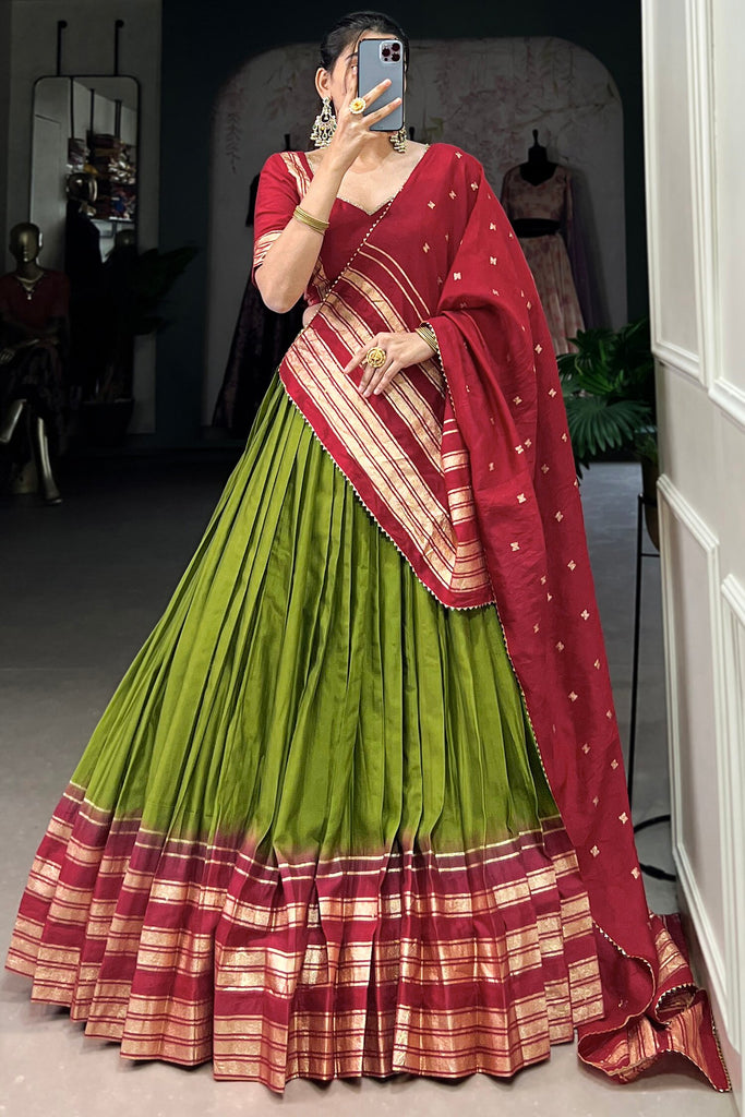 Beautiful Green Zari Weaving Chanderi Event Wear Lehenga Choli