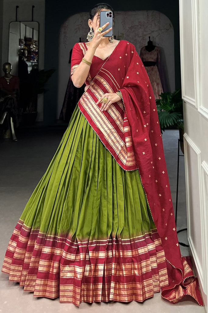 Beautiful Green Zari Weaving Chanderi Event Wear Lehenga Choli