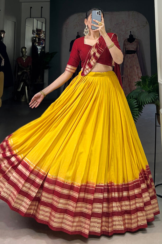 Stunning Mustard-Yellow Zari Weaving Chanderi Haldi Wear Lehenga Choli