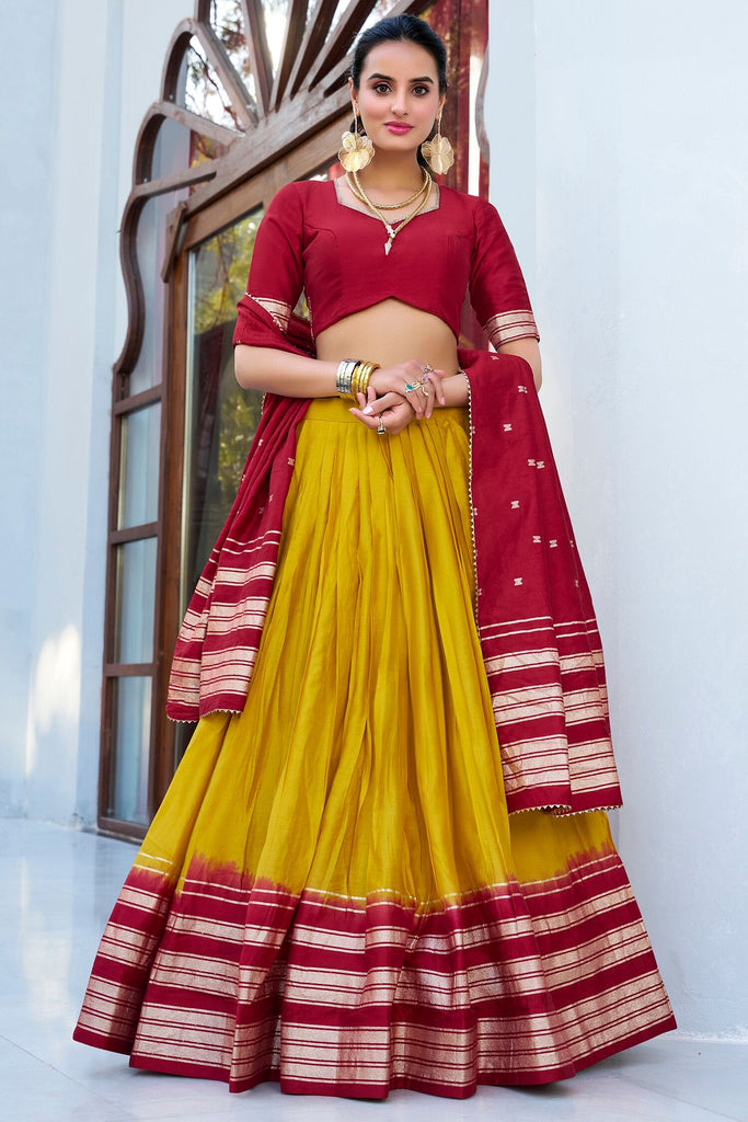 Glorious Mustard-Yellow Zari Weaving Chanderi Haldi Wear Lehenga Choli