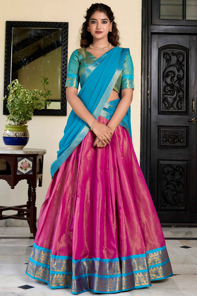 Dazzling Rani Pink Zari Weaving Silk Wedding Wear Lehenga Choli