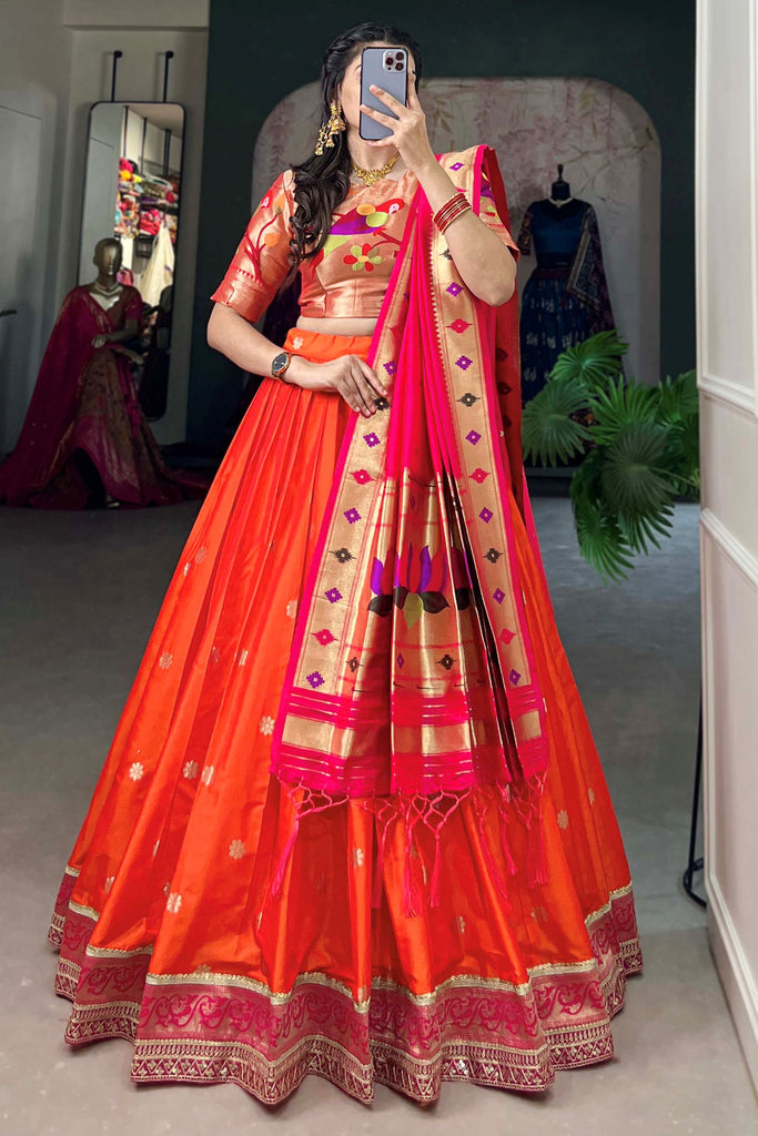 Outstanding Orange Jacquard Silk Zari Weaving Traditional Lehenga Choli