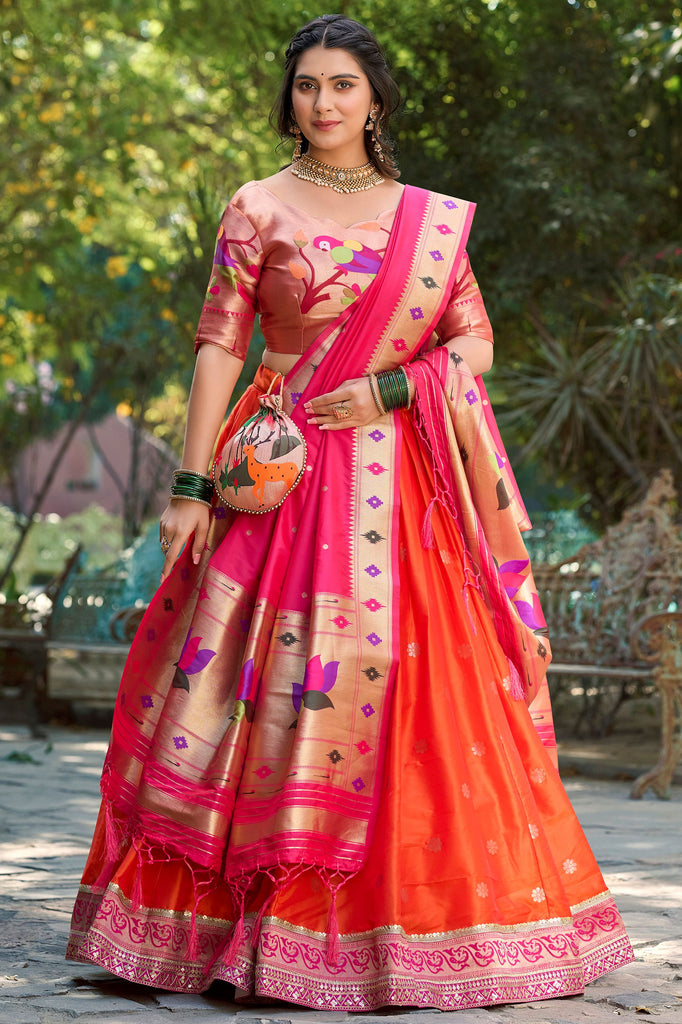Impressive Orange Weaving Jacquard Silk Paithani Lehenga Choli