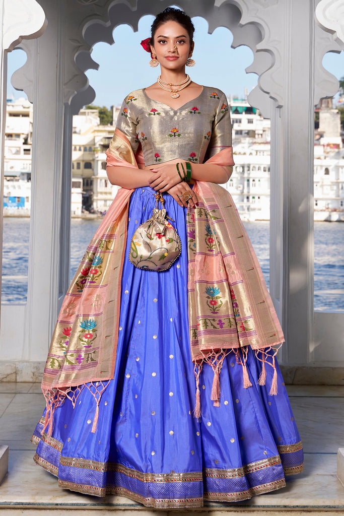 Lovely Blue Zari Weaving Silk Traditional Lehenga Choli With Dupatta