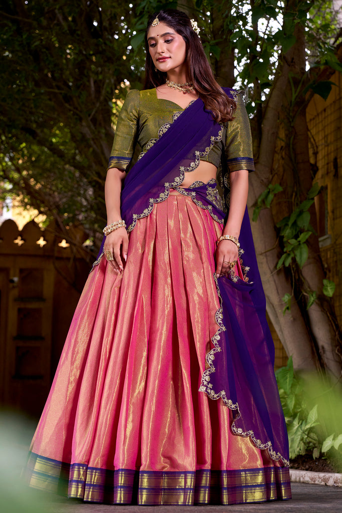 Beautiful Peach Zari Weaving Silk Festival Wear Half Saree Lehenga Choli