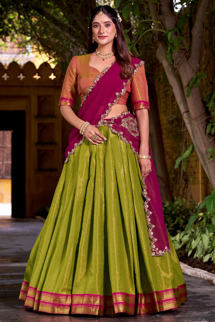 Magnetic Green Kanchipuram Silk Onam Special Half Saree Lehenga