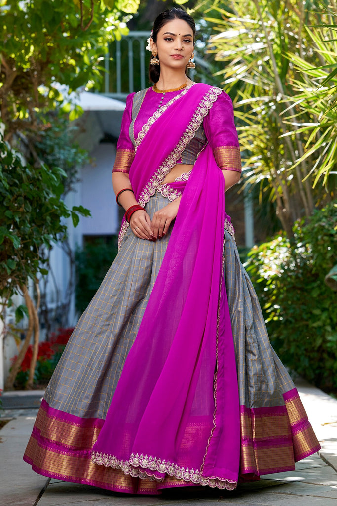 Lovable Grey Zari Weaving Silk Onam Special Half Saree Lehenga