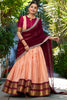 Beautiful Peach Zari Weaving Silk Onam Special Half Saree Lehenga