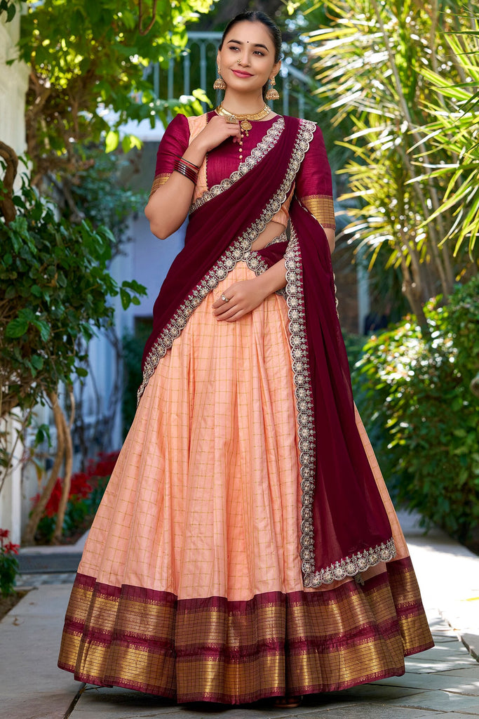 Beautiful Peach Zari Weaving Silk Onam Special Half Saree Lehenga