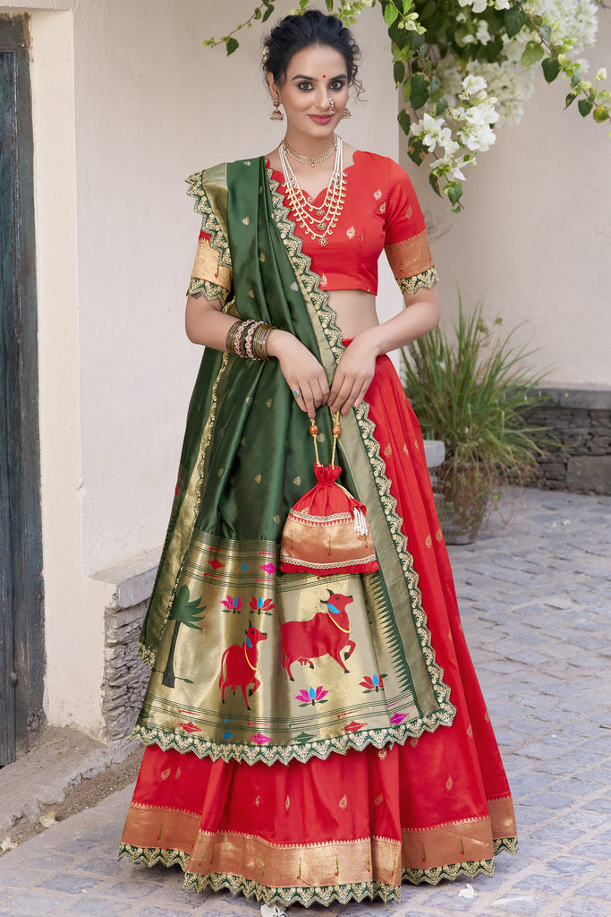 Marvelous Red Zari Weaving Silk Traditional Lehenga Choli With Dupatta