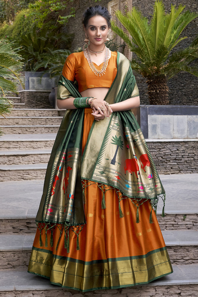 Alluring Orange Zari Weaving Paithani Silk Festival Wear Lehenga Choli