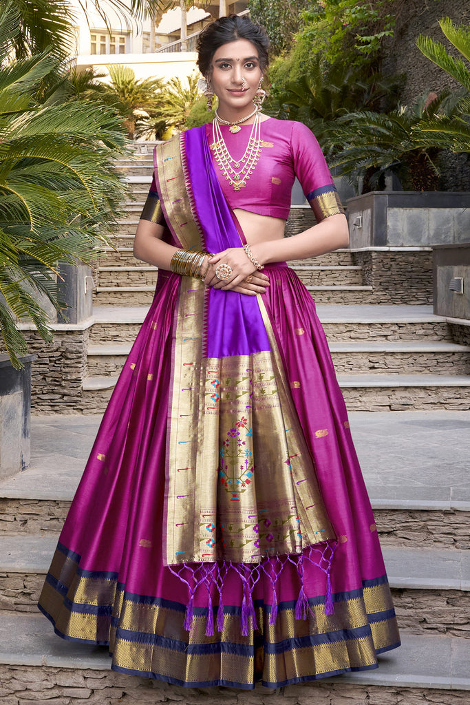 Amazing Pink Zari Weaving Jacquard Silk Wedding Wear Lehenga Choli