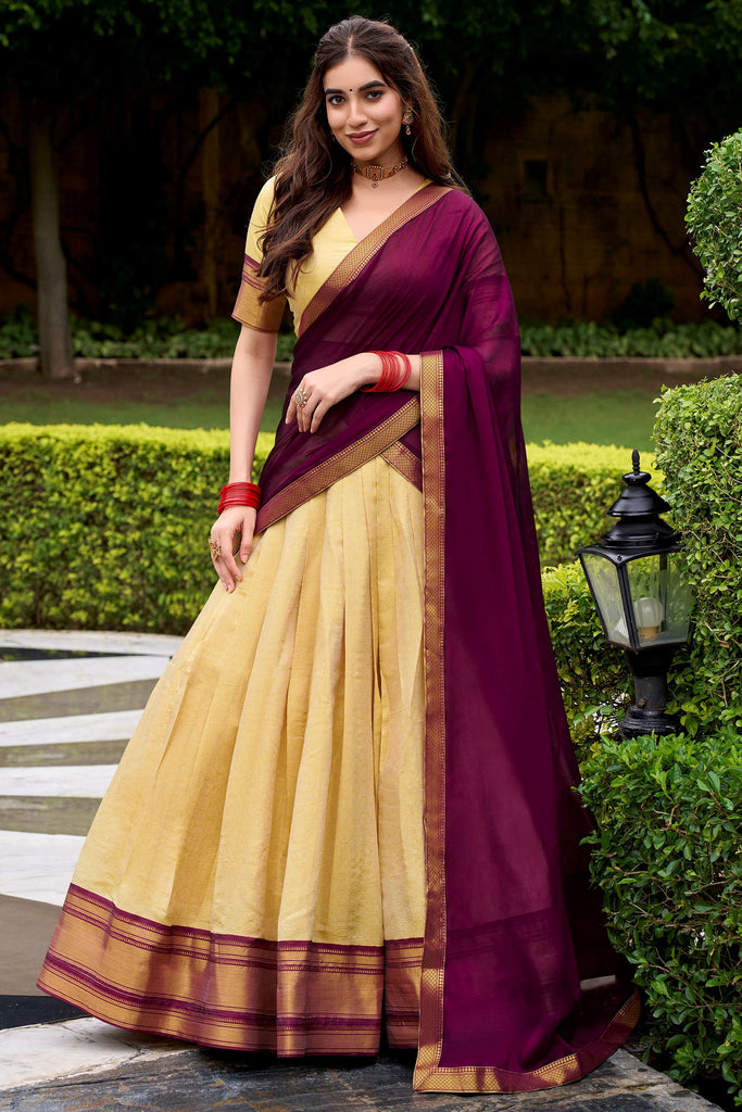 Astonishing Beige Zari Weaving Kanjivaram Traditional Half Saree Lehenga