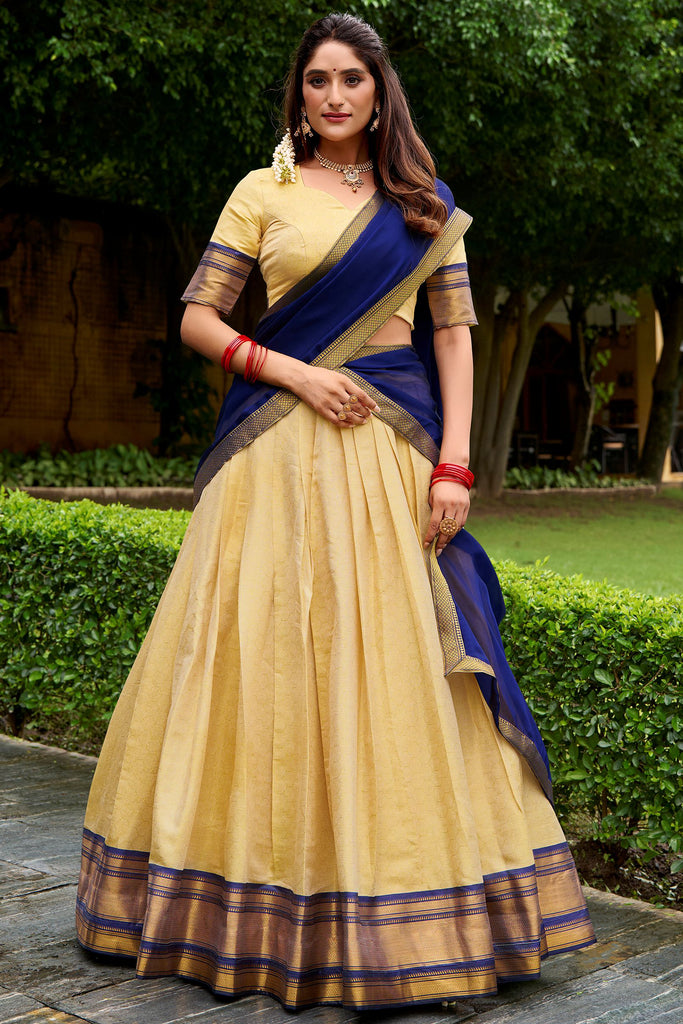 Charming Beige Zari Weaving Kanjivaram Festival Wear Half Saree Lehenga