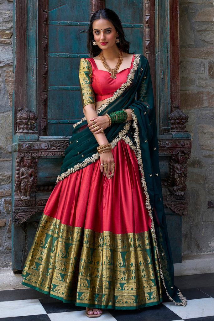 Beautiful Red Color Zari Weaving Narayan Pattu Half Saree Lehenga