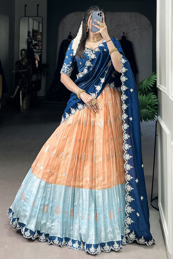Marvelous Orange Zari Weaving Silk Event Wear Half Saree Lehenga