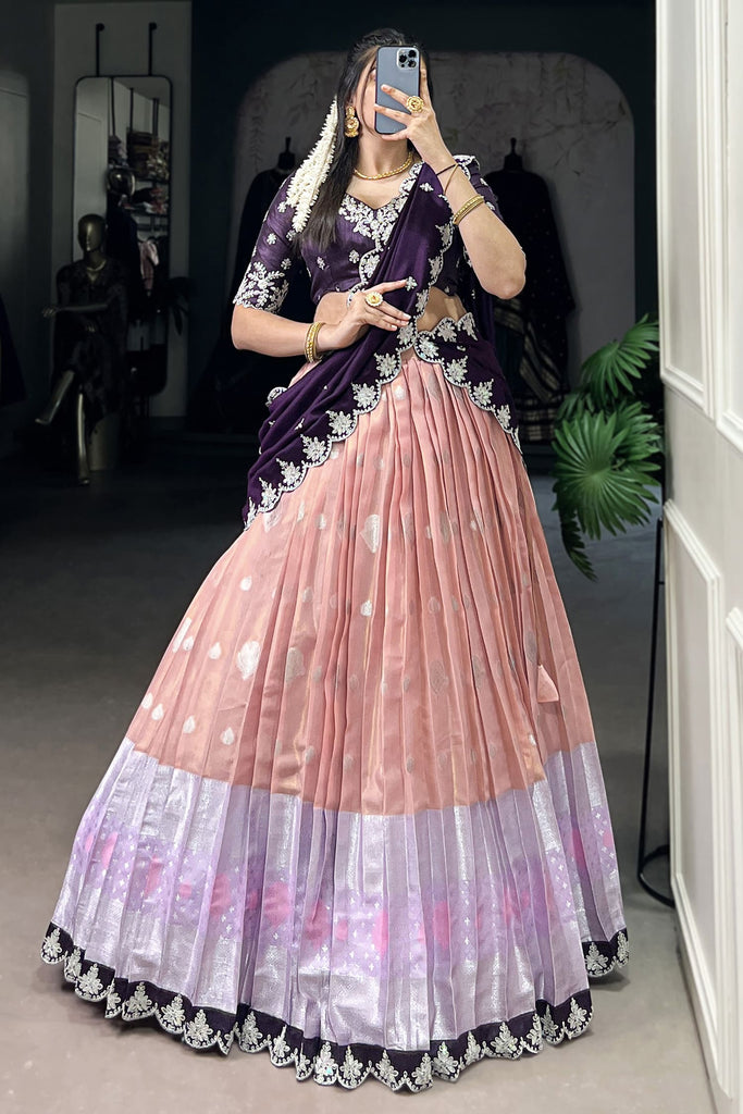Fabulous Peach Zari Weaving Silk Festive Wear Half Saree Lehenga